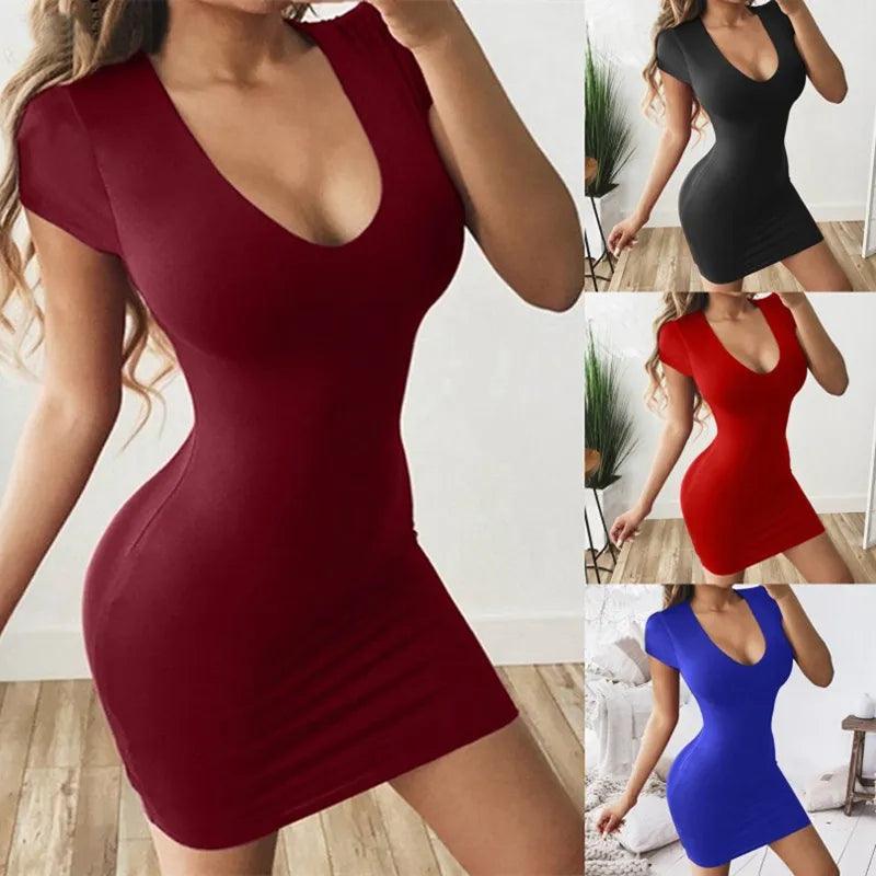 Europe The United States Fashion Solid Color Sexy Dress Tight Collection Hip Short Sleeved Slim Evening Party Dress-THAT FASHION STORE