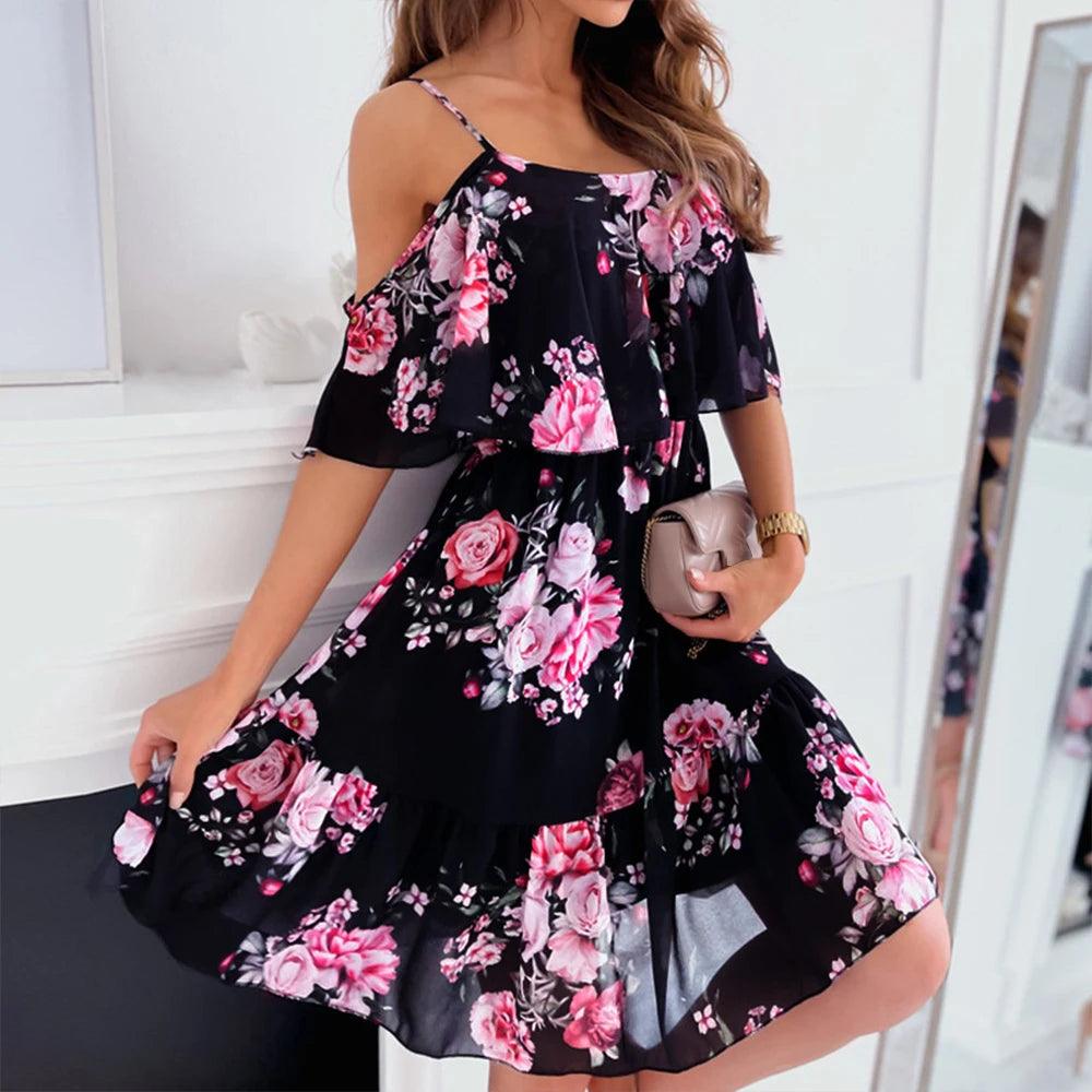 Chiffon Floral Dress for Women 2024 Summer Solid Vacation Pullover Beach Sundress Female Korean Fashion Slim Sexy Short Dresse-THAT FASHION STORE