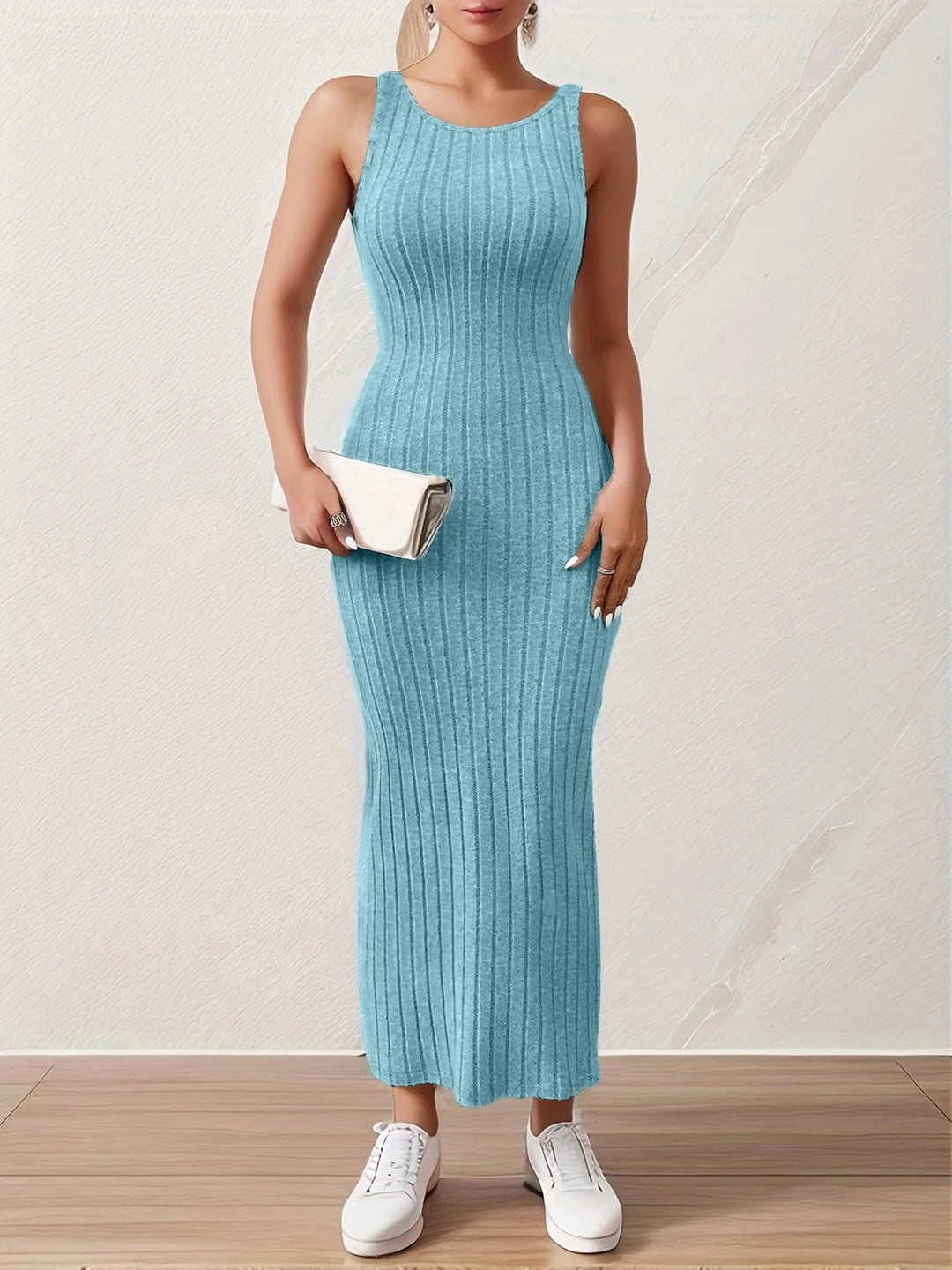 Solid Backless Tank Dress，Summer new sexy backless mid-length knitted sleeveless dress-THAT FASHION STORE