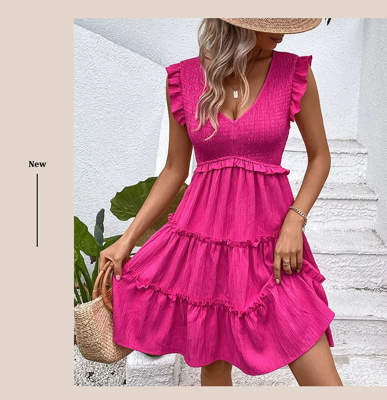 Summer Midi Dresses For Women Casual Red Ruffle Big Hem Holiday Beach Dress Fashion Sleevelee V Neck New In Dresses 2024 - THAT FASHION STORE