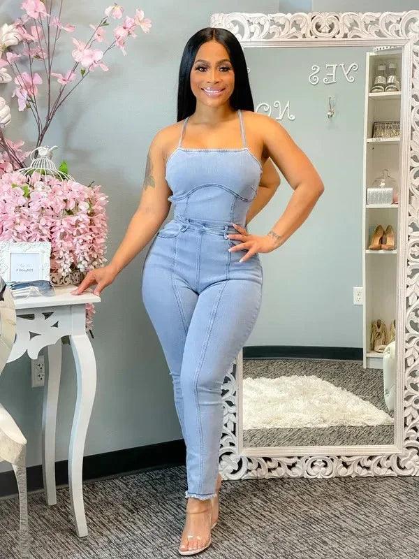 Women 2023 Sling One Piece Sleeveless Slim Fit Backless Denim Jumpsuits High Waist Sexy Sheath Overalls Long Pants Rompers-THAT FASHION STORE