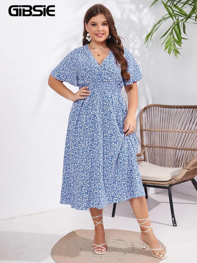 GIBSIE Plus Size Ditsy Floral V-Neck Boho Long Dress Women Summer Short Sleeve High Elastic Waist Holiday A-Line Dresses 2023-THAT FASHION STORE