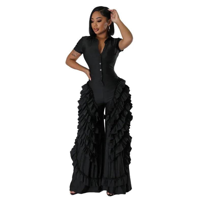 CM.YAYA Fashion Women Mult Ruffles Short Sleeve Zipper Fly Wide Leg Shirt Jumpsuit 2024 Streetwear Romper One Piece Set Playsuit-THAT FASHION STORE