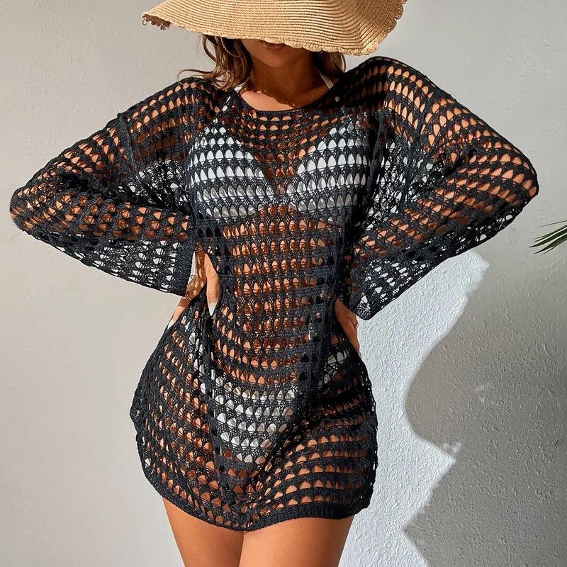 See Through Hollow Out Bikini Cover Ups Tops Women Beachwear Long Sleeve Beach Dress Crop Tops Crochet Swimsuit Cover-Up 2024-THAT FASHION STORE