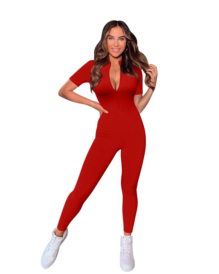 New Autumn and Winter Short Sleeve V Neck Bodycon Jumpsuit Full Lengt Rompers Women Jumpsuits-THAT FASHION STORE