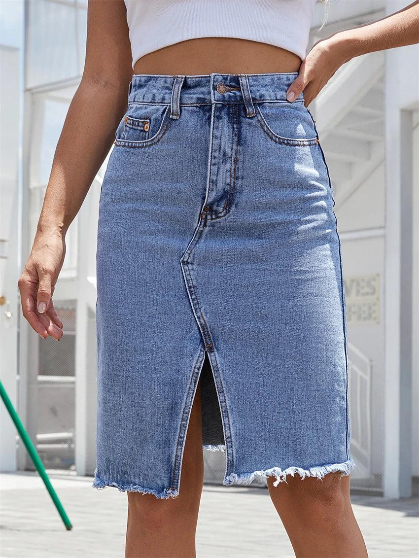 Women's Front Slit Blue Denim Skirt Pockets High Waist Slim Zipper Fly Midi Skirts 2023 Spring Female Casual Streetwear-THAT FASHION STORE