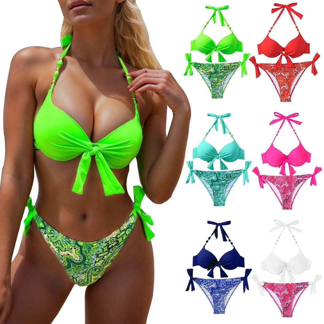 Women's Bikini Set Solid Color Hanging Neck Suspender Tops And High Waist Bow Knot Lace Up Sexy Bikini Trend Split Swimsuit-THAT FASHION STORE