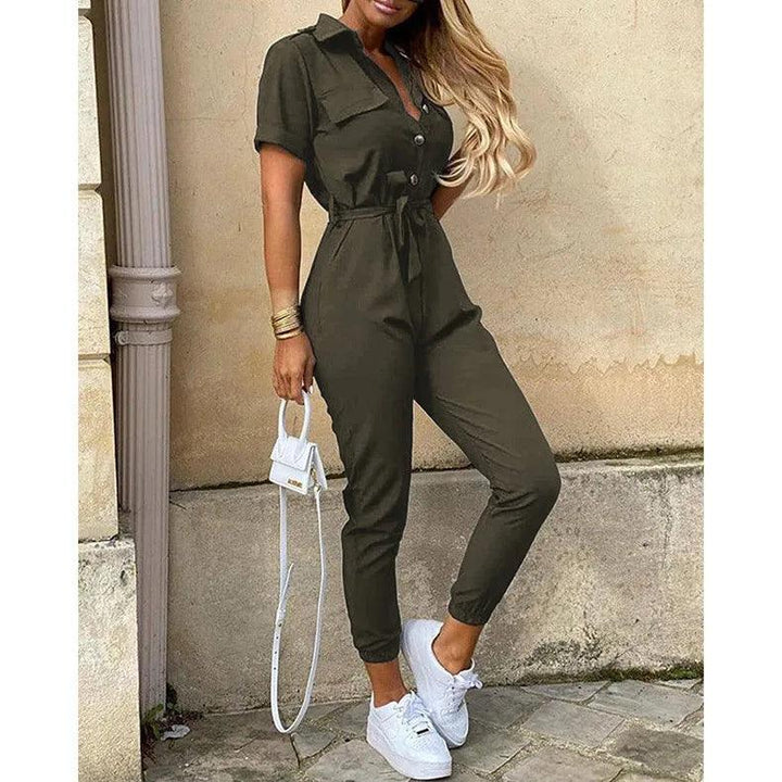 Women's Monochromatic Belt Workwear Jumpsuit, Casual Pants, Flip Collar, Buckle, European and American, Summer, 2023-THAT FASHION STORE