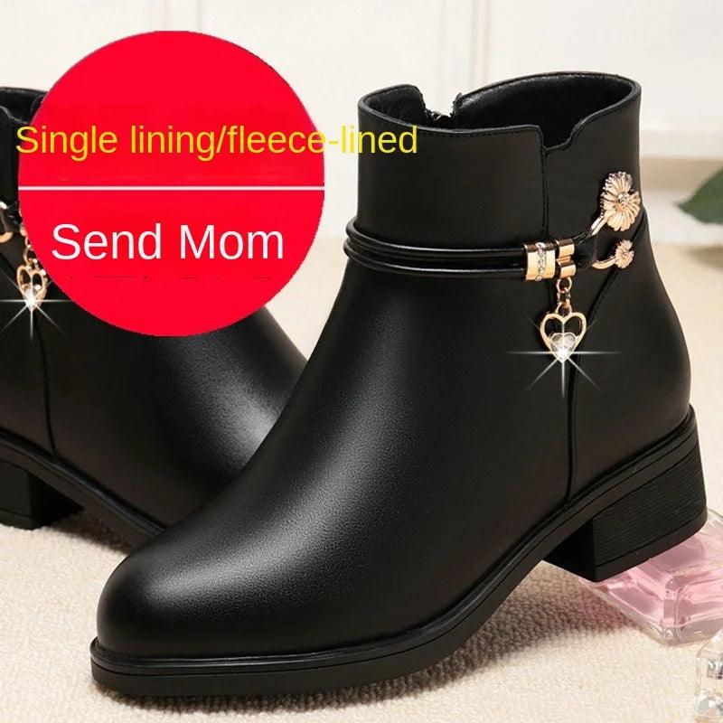 Soft Leather Mother Cotton Shoes Fashion Spring Winter Middle Heel Rhinestone Womens Snow Boots Comfortable Soft Sole Short Boot-THAT FASHION STORE