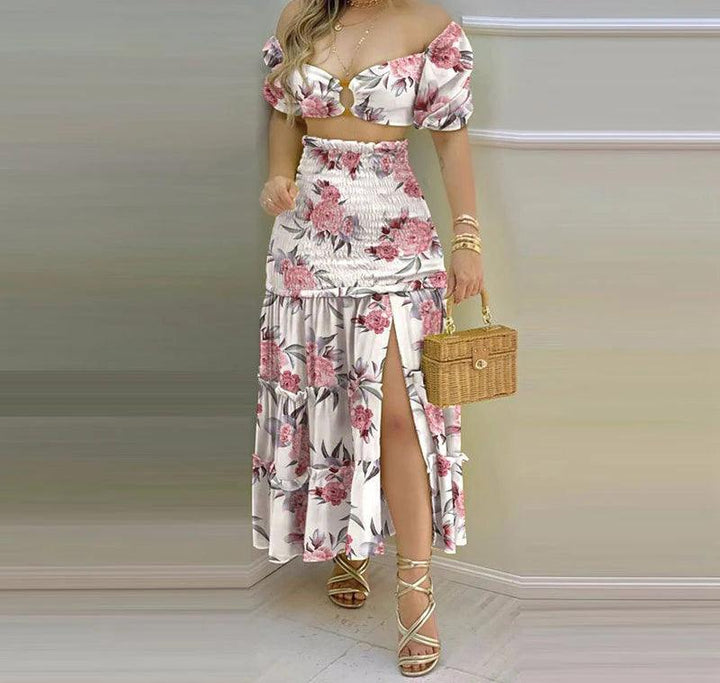 2 Piece Set Women Outfit Vacation Floral Print O Neck Crop Top Shirr +Slit High Waist Women Maxi Skirt Sets 2024 Female Fashion-THAT FASHION STORE