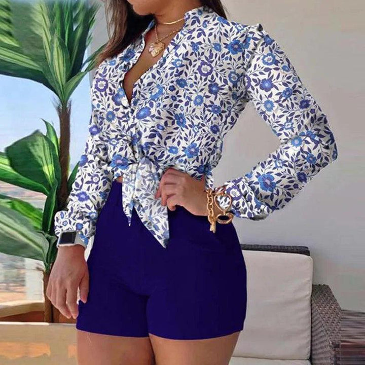 Women's Shorts Suit Summer Fashion Sexy V Neck Long Sleeve Shirts Slim Wear A Belt Elegant Female Blouse Office Two Piece Set-THAT FASHION STORE