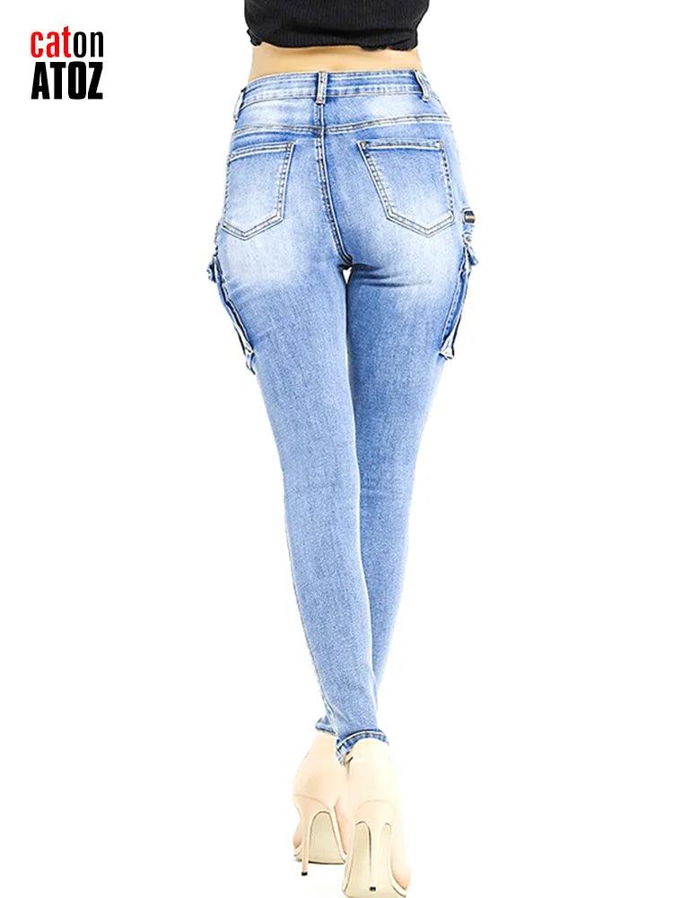 catonATOZ 2237 Women Spring 2023 Fashion Cargo Pants Summer Female Zipper Pocket Stretch Slim Jeans Skinny Denim Tousers-THAT FASHION STORE