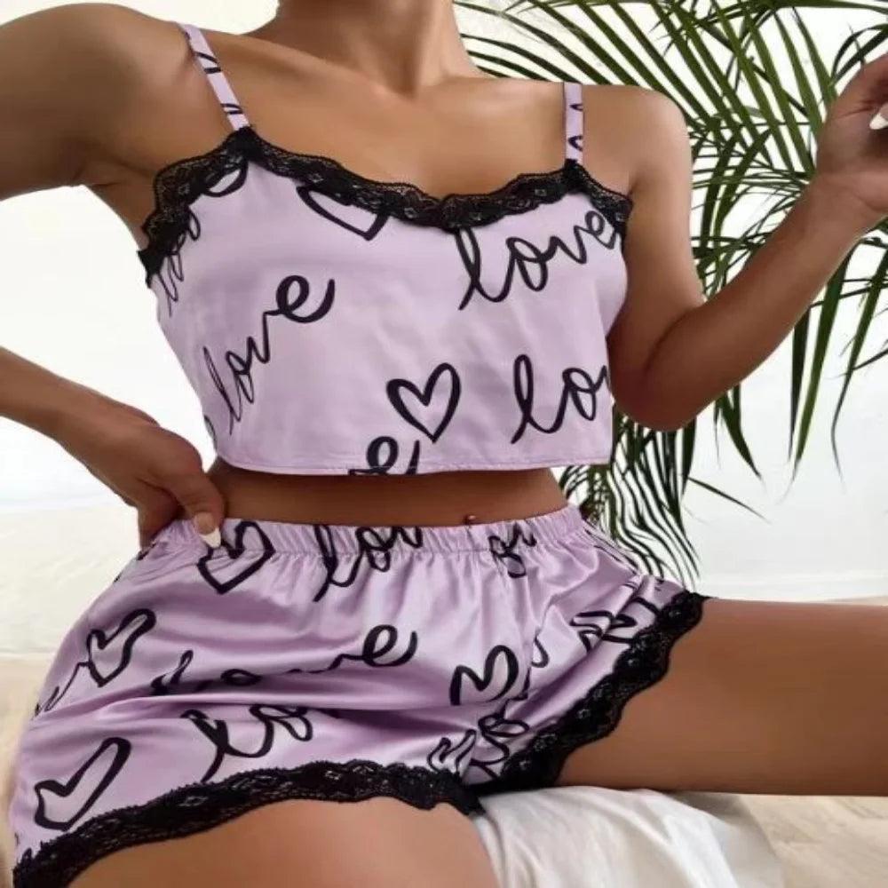 2 Pieces Set Women'S Pajama Shorts Suit Homewear Print Underwear Pijama Sexy Lingerie Camisoles Tanks Nighty Ladies Sleepwear-THAT FASHION STORE