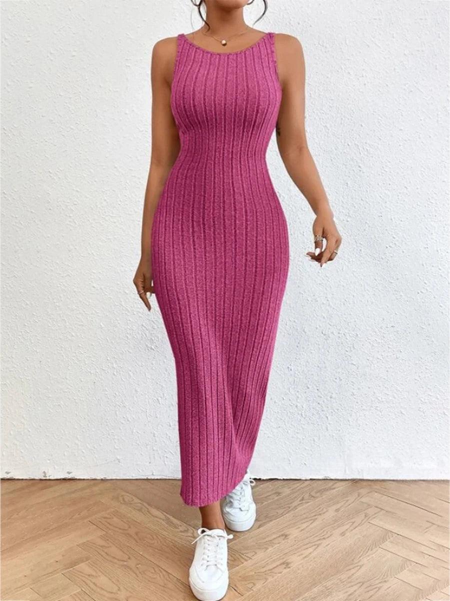 wsevypo Backless Knit Bodycon Long Dress Women's Summer Sleeveless O Neck Tank Dress Street Vacation Beach Casual Sundress-THAT FASHION STORE