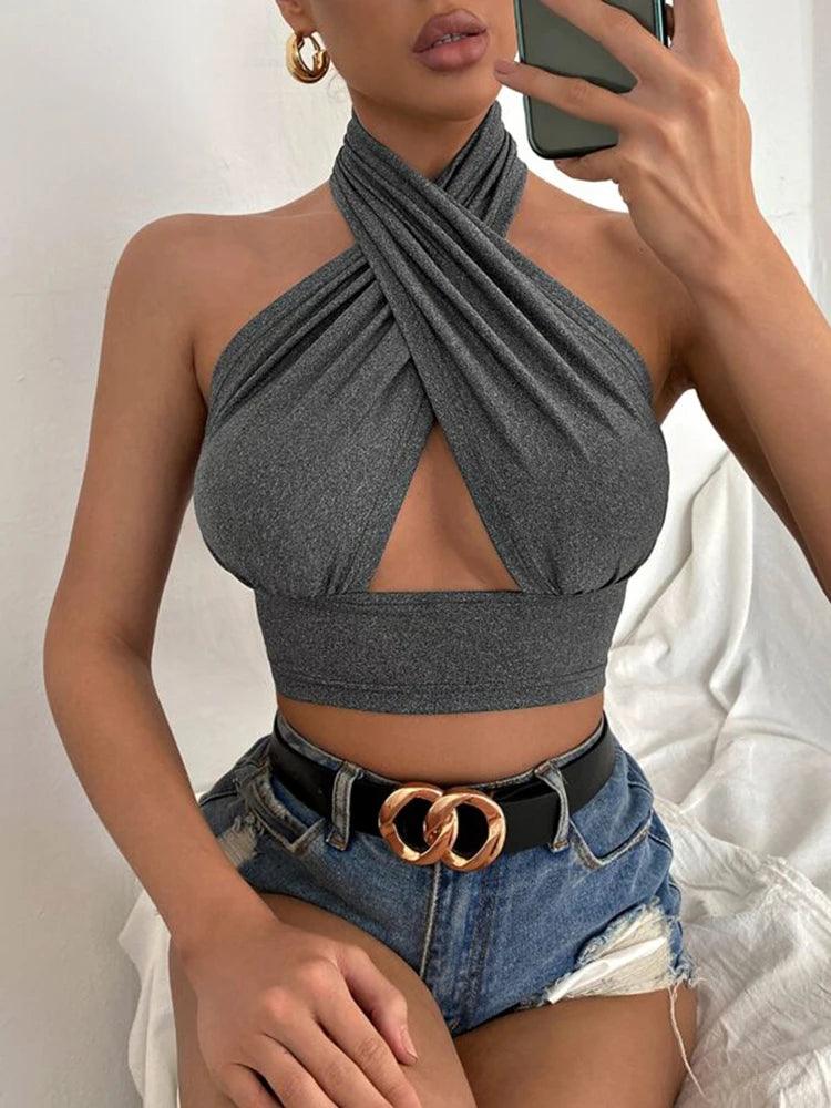 Woman Summer Fashion Sexy Tank Tops Casual Sleeveless Vest Ladies Elegant Cross Halter Blouse Street Hipster Camisole Top-THAT FASHION STORE