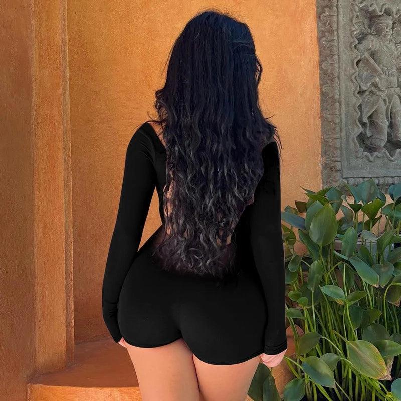 Women's Lace Up Hollow Out Long sleeve Backless Tummy Criss Cross One Piece Shorts jumpsuit Three-quarter pants Slimming Rompers-THAT FASHION STORE