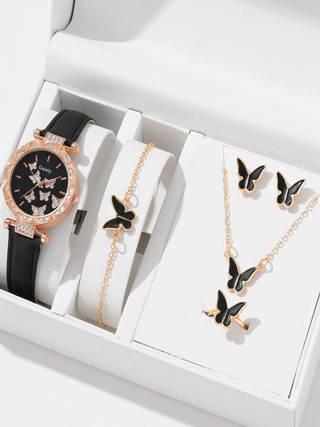 6 Luxury Watches Women's Ring Necklace Earrings Bracelet Set Watch Butterfly Leather strap Women's Quartz Watch No case-THAT FASHION STORE