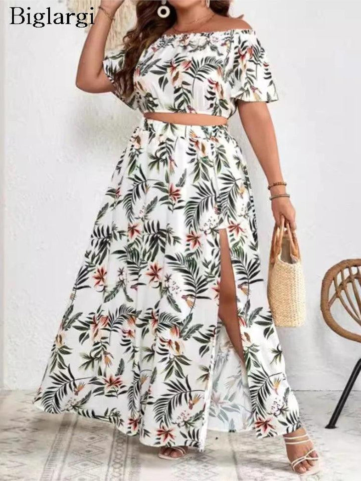 Plus Size Summer 2 Two Piece Set Women Off Shoulder Sexy Ladies Cropped Blouses Irregular Split Modis Ruffle Pleated Woman Skirt-THAT FASHION STORE