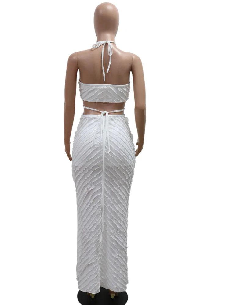 Beyprern Elegant White Hollow Out Ruffles Maxi Dress For Women Chic Split Party Long Dress Night Clubwear Beach Cover-Up Outfits-THAT FASHION STORE