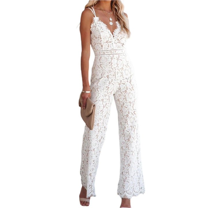 Women's Sexy Lace Floral Jumpsuit Summer V Neck Solid Color Sleeveless Backless Bodycon Long Romper Playsuit Party Clubwear-THAT FASHION STORE