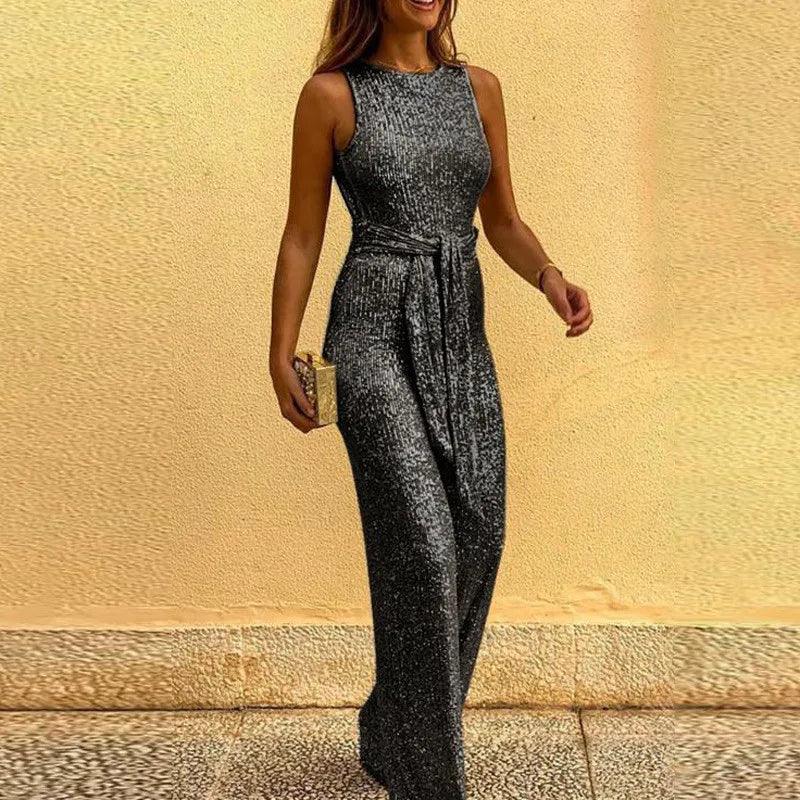 Sexy Backless Sequins Women Jumpsuits Elegant O Neck Sleeveless Lace Up Casual Rompers Glitter Party Clubwear Female Clothes-THAT FASHION STORE