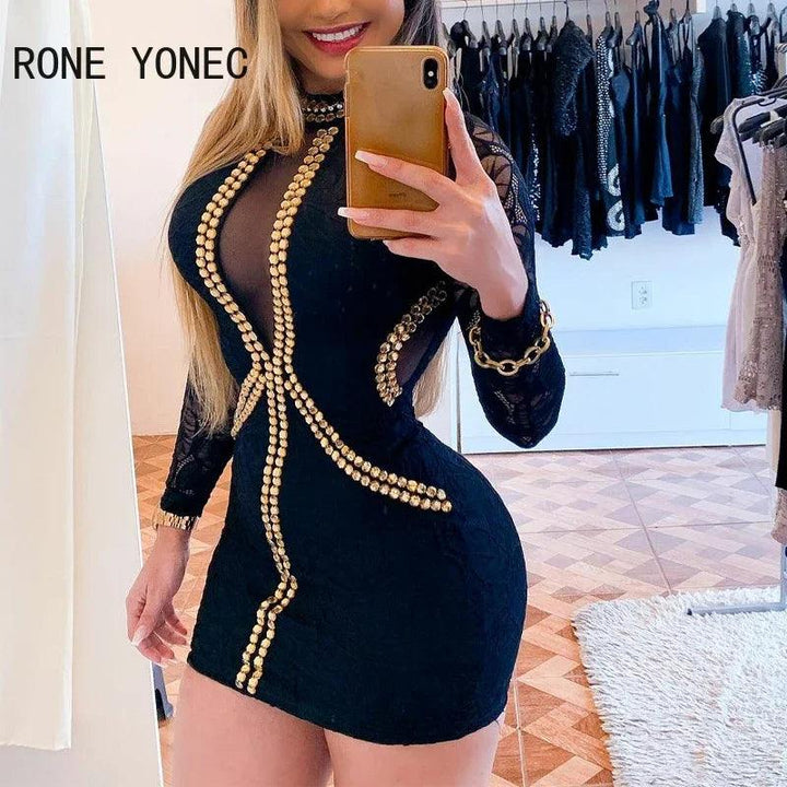 Women Sexy Patchwork Rhinestone Long Lace Sleeves Mesh Bodycon Mini Sexy Party Dresses-THAT FASHION STORE