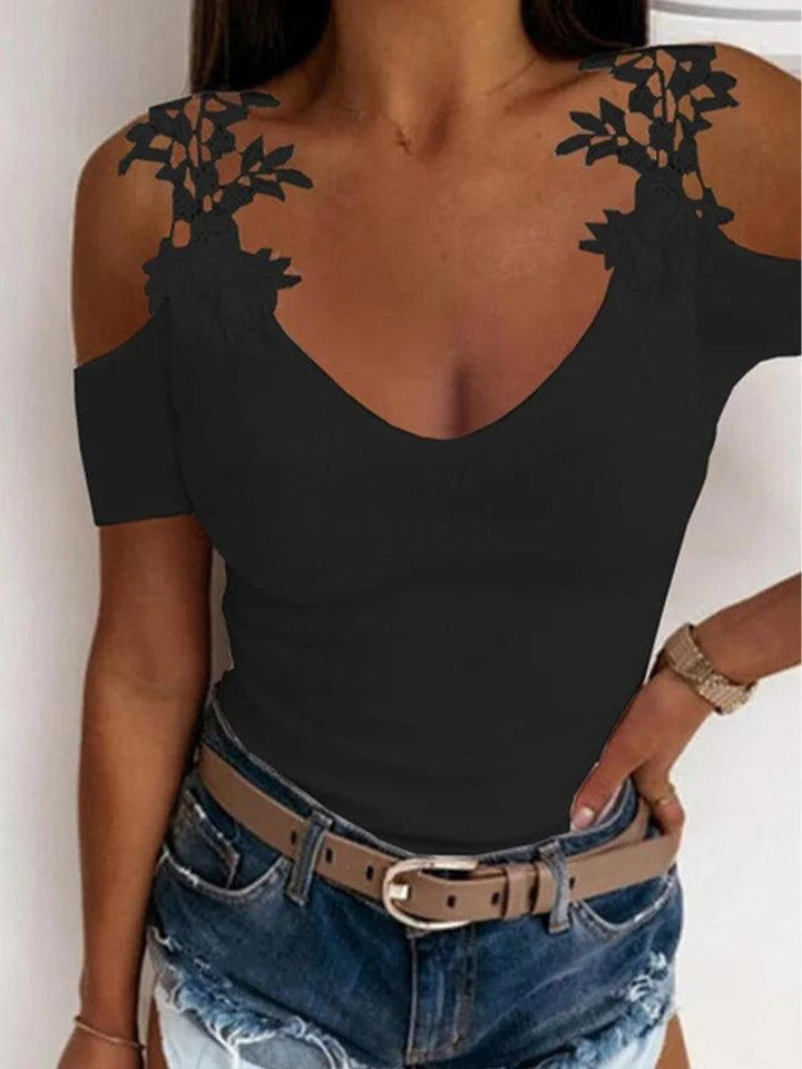 Sexy Off Shoulder Lace Short sleeved Women's Solid V-neck T-shirt Top-THAT FASHION STORE