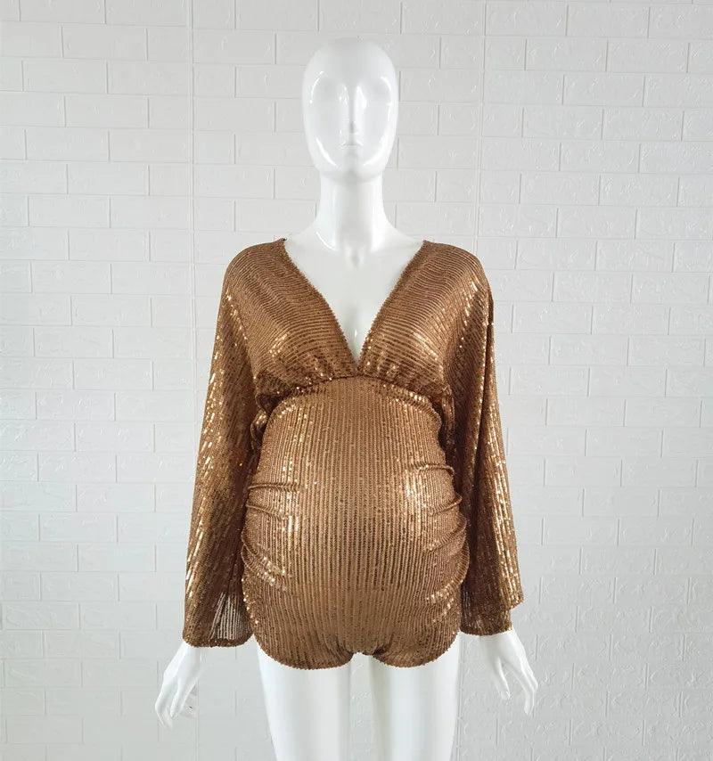 Luxurous Sequins Maternity Photography Bodysuits V-neck Boho Sequined Pregnancy Jumpsuits-THAT FASHION STORE