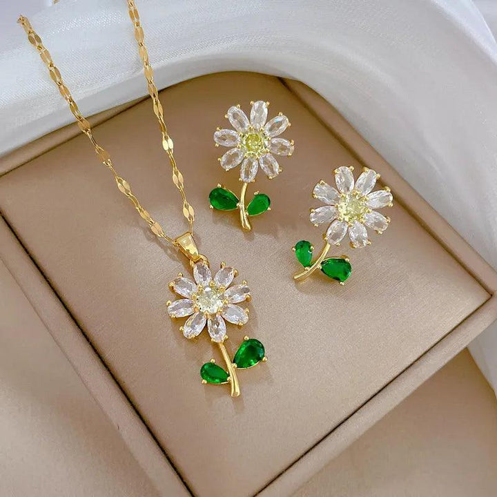 Classic Green Leaf Flower Necklace and Earrings Set Light Luxury Sunflower Personalized Banquet Stainless Steel Jewelry-THAT FASHION STORE