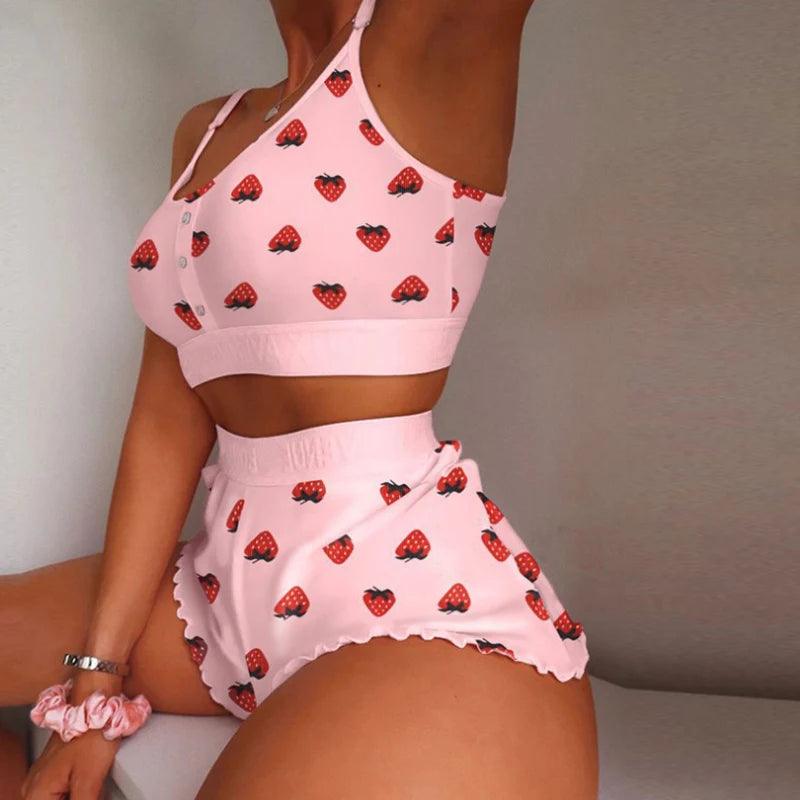 Swimsuit Women's 2-Piece Set Fashion Strawberry Print Lace Lace Sling Two-Piece Set Home Clothes Sweet Pajamas-THAT FASHION STORE