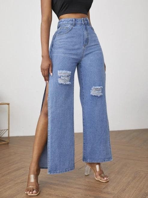 Women's Jeans 2023 Spring Fashion Ripped Side Slit Casual High Waist Pocket Design Daily Wide Leg Jeans Y2K Streetwear-THAT FASHION STORE