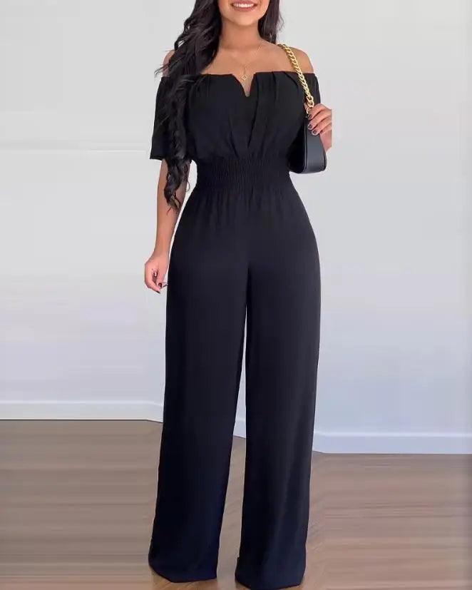 Jumpsuits for Women 2023 Spring Fashion Off Shoulder Casual Plain Short Sleeve Shirred Waist Daily Long Wide Leg Jumpsuit 2024-THAT FASHION STORE