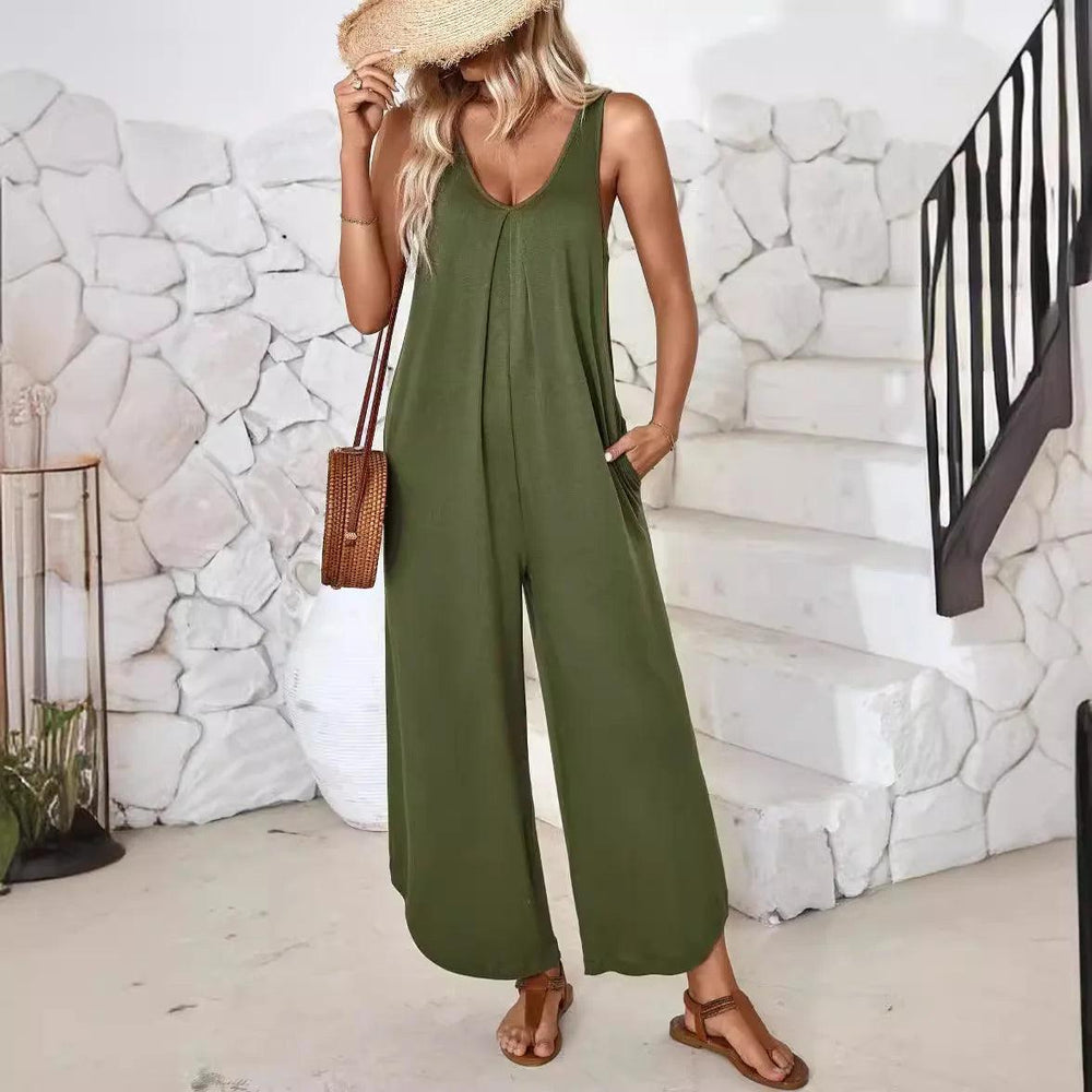 Women Jumpsuits Overalls V Neck Sleeveless Rompers One Piece Loose Wide Leg Pants Ankle Length Solid Pockets High Street-THAT FASHION STORE