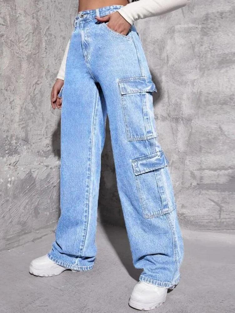 2023 Best Selling Y2K Style Women's Jeans Fashion Multi Pocket Loose Denim Straight Leg Pants Casual Female Cargo Jeans XS-L-THAT FASHION STORE