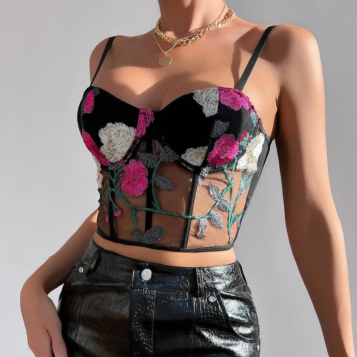 Women Mesh Hollow Out Sexy Crop Tops Flower Embroidery Sweet Tank Top Spaghetti Camis Streetwear Tube Top Spring Summer-THAT FASHION STORE