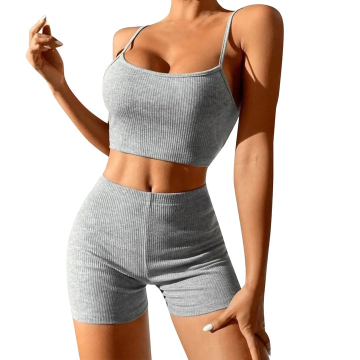 Sleek Ribbed Knitted 2-Piece Set with Sexy Suspender Design and Short Outfits for Fashionable Yoga and Sports - THAT FASHION STORE