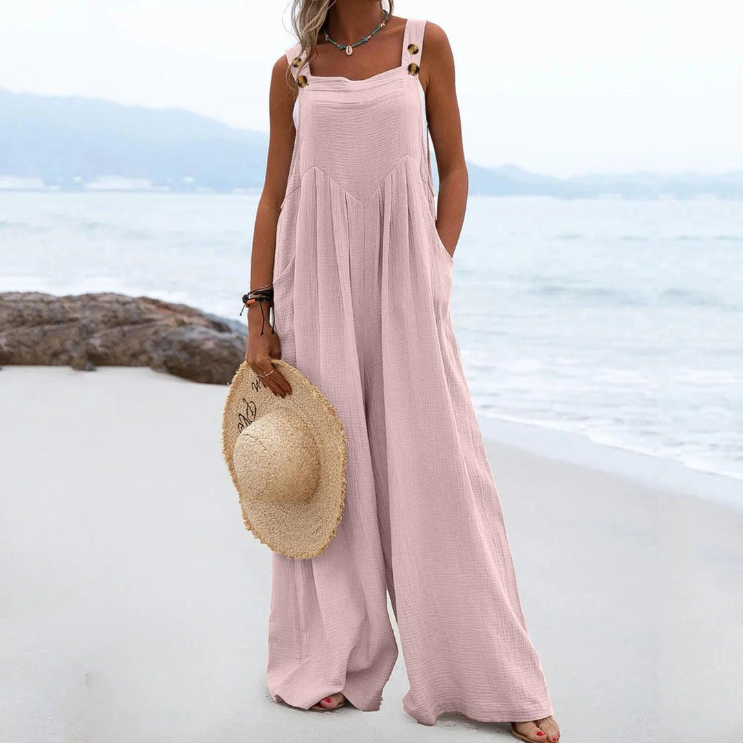 Women Rompers Cotton Linen Loose Jumpsuit Women Casual Solid Color Wide-Leg Pants Button Strap Romper Holiday Beach Overalls-THAT FASHION STORE