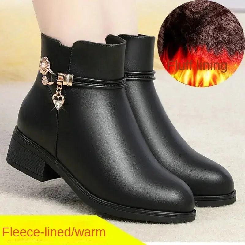 Soft Leather Mother Cotton Shoes Fashion Spring Winter Middle Heel Rhinestone Womens Snow Boots Comfortable Soft Sole Short Boot-THAT FASHION STORE