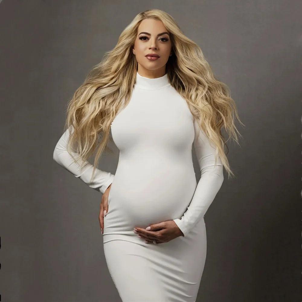 High Neck Full Sleeve Maternity Skinny Dress For Photography Pregnant Woman Stretchy Long Dress-THAT FASHION STORE