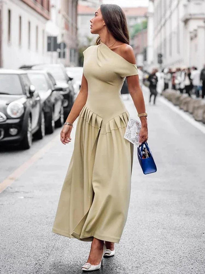 Elegant Off Shoulder Dress For Women Summer Short Sleeve Fold Long Dresses Female 2024 Fashion Solid Holiday Lady Vestidos-THAT FASHION STORE