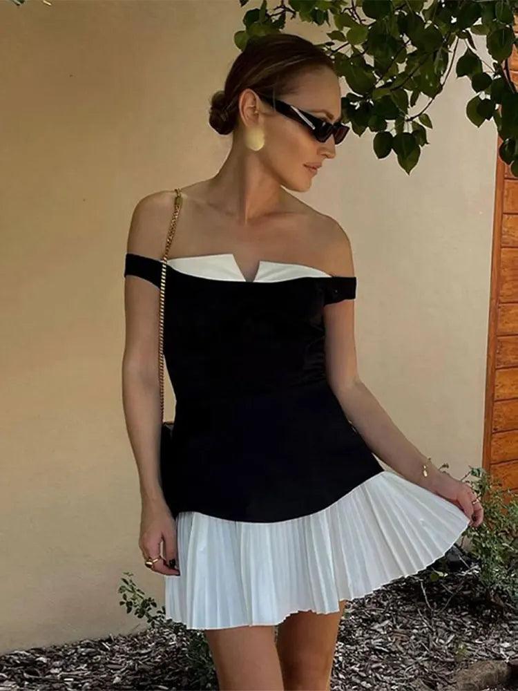 Women One Line Collar Patchwork Pleated Short Dress Summer Off Shoulder Sleeveless Mini Dress Lady Office Highstreet Vestidos-THAT FASHION STORE