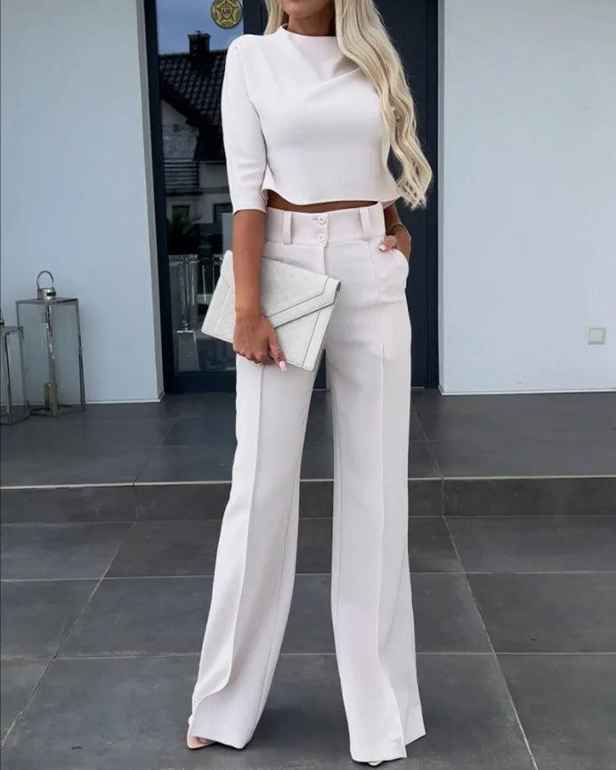 Spring New Crop Top With Flare Pants Two Piece Set Women Fashion Solid Turtleneck T Shirt Suit Office Casual White Pant Set Lady-THAT FASHION STORE