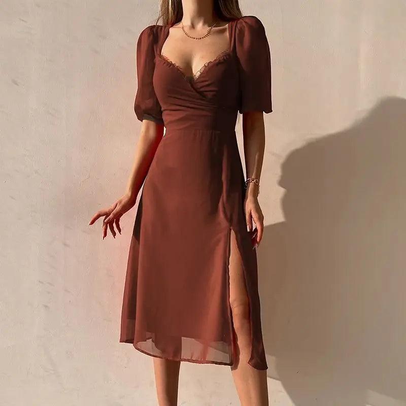 Rimocy 2024 Summer Chiffon High Split Dresses Women Short Sleeve Deep V Neck Midi Dress Woman Lace Elegant Vestido Feminino-THAT FASHION STORE