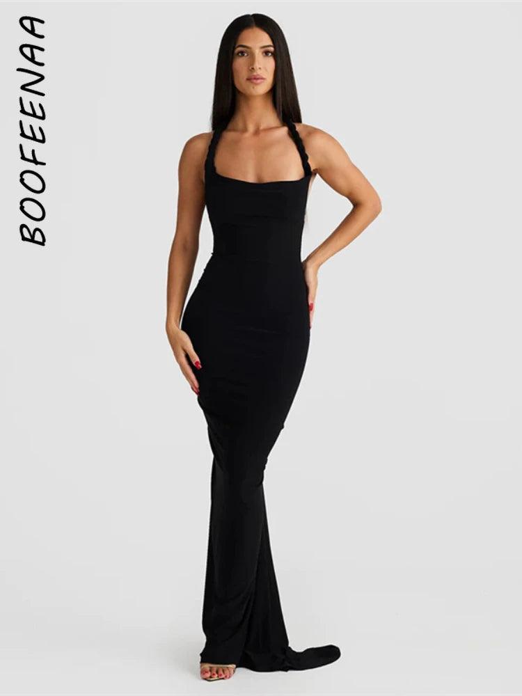 BOOFEENAA Twist Halter Neck Backless Long Dresses for Women Elegant Sexy Party Maxi Dress Purple Black Green Summer 2024 C83CB33-THAT FASHION STORE