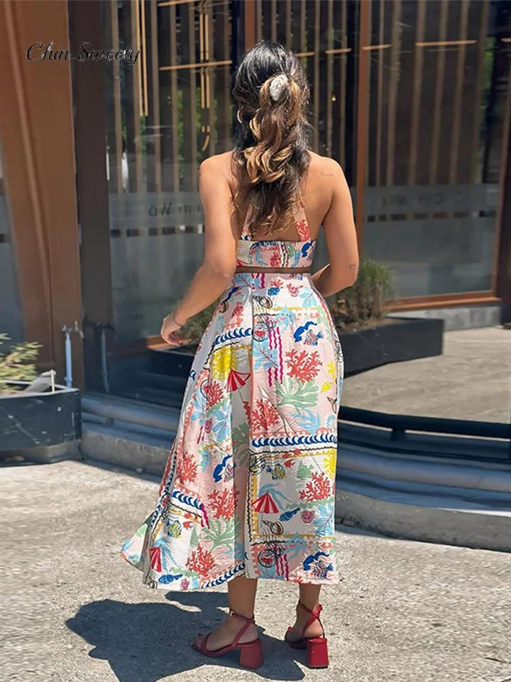 Chic Print Tank Top Skirt Women Set Sexy Halter Backless Sleeveless Tops Beach Empire Side Split Skirts 2024 Summer Lady Set-THAT FASHION STORE