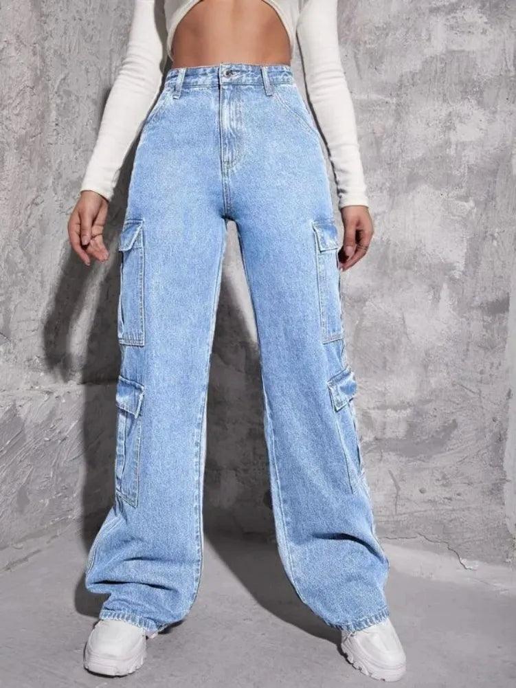 2023 Best Selling Y2K Style Women's Jeans Fashion Multi Pocket Loose Denim Straight Leg Pants Casual Female Cargo Jeans XS-L-THAT FASHION STORE