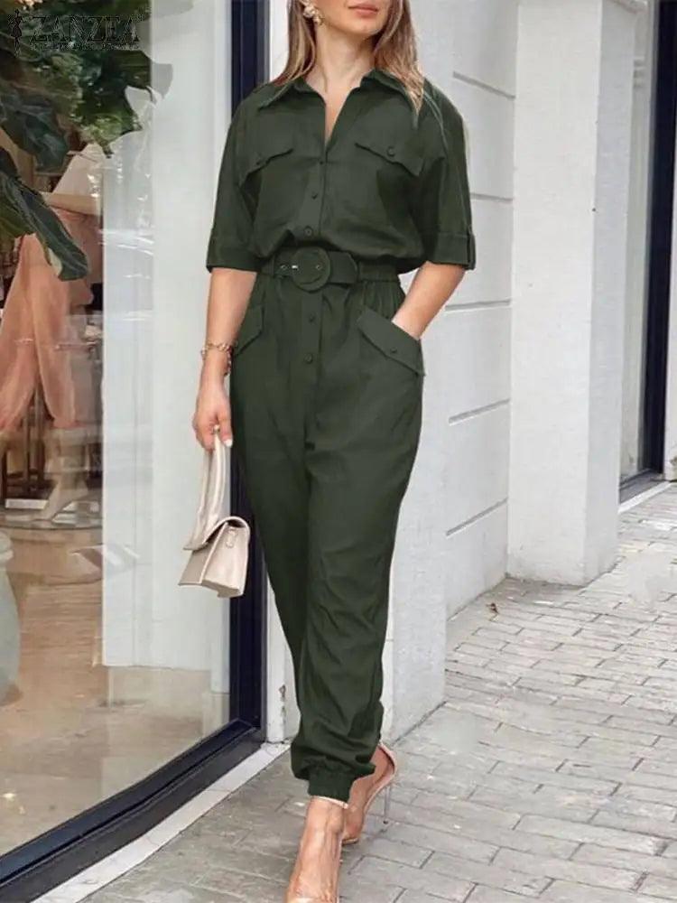 ZANZEA Fashion Women Jumpsuits Elegant Solid Cargo Rompers Casual Lapel Neck 3/4 Sleeve Long Overalls Female Party Playsuits-THAT FASHION STORE