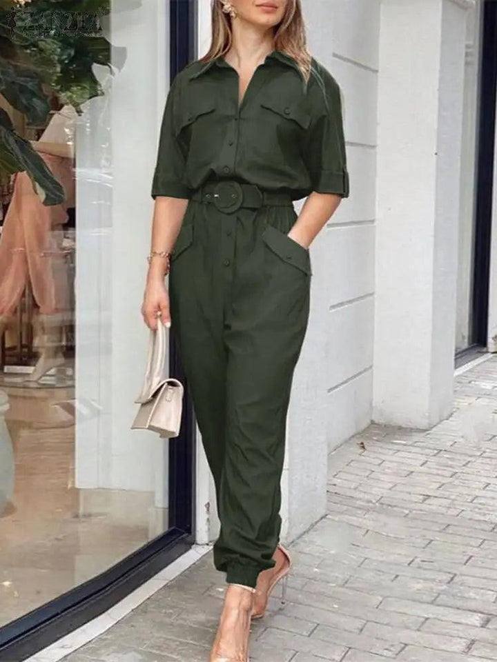 ZANZEA Fashion Women Jumpsuits Elegant Solid Cargo Rompers Casual Lapel Neck 3/4 Sleeve Long Overalls Female Party Playsuits-THAT FASHION STORE