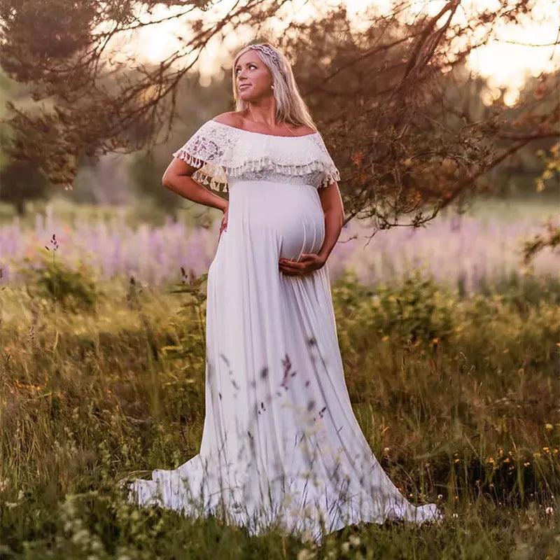 Slash Neck Boho Maternity Photo Shoot Long Dresses Jersey Ruffles Maternity Lace Photography Maxi Gown-THAT FASHION STORE