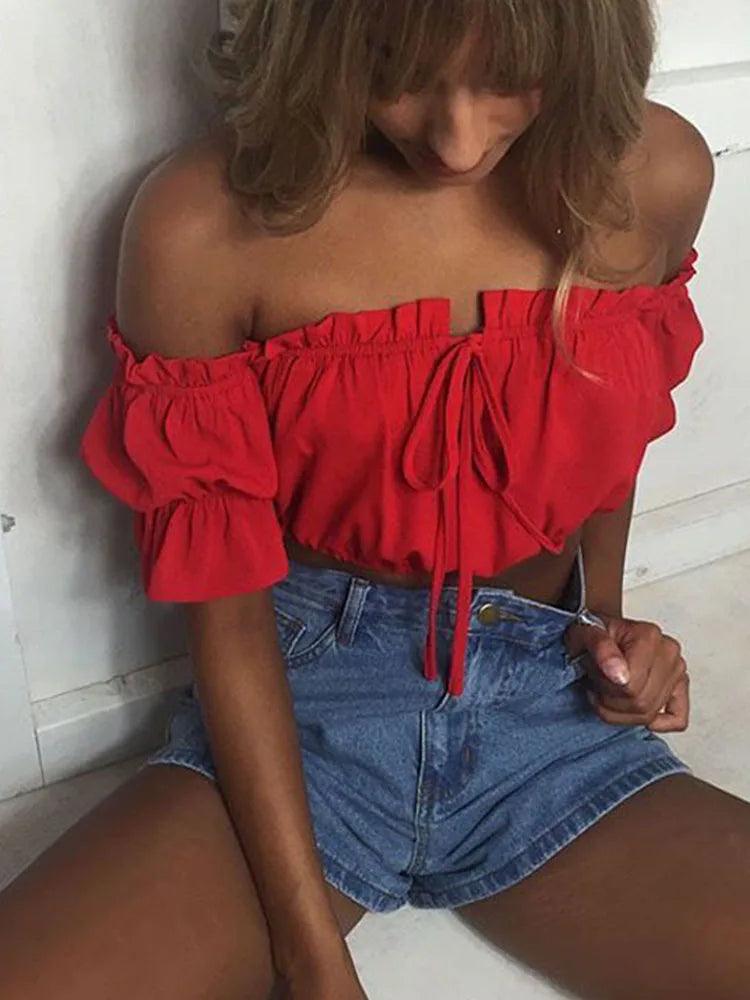 Crop tops women 2022 summer lantern sleeve sexy strapless beach tops red black white ruched crop top croptop-THAT FASHION STORE